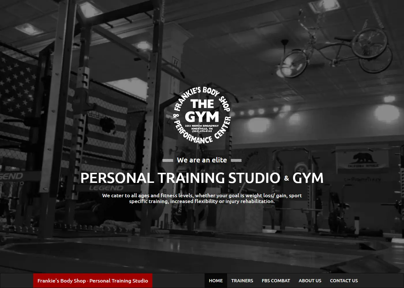 Homepage for Frankie's Body Shop showing gym photo and logo.