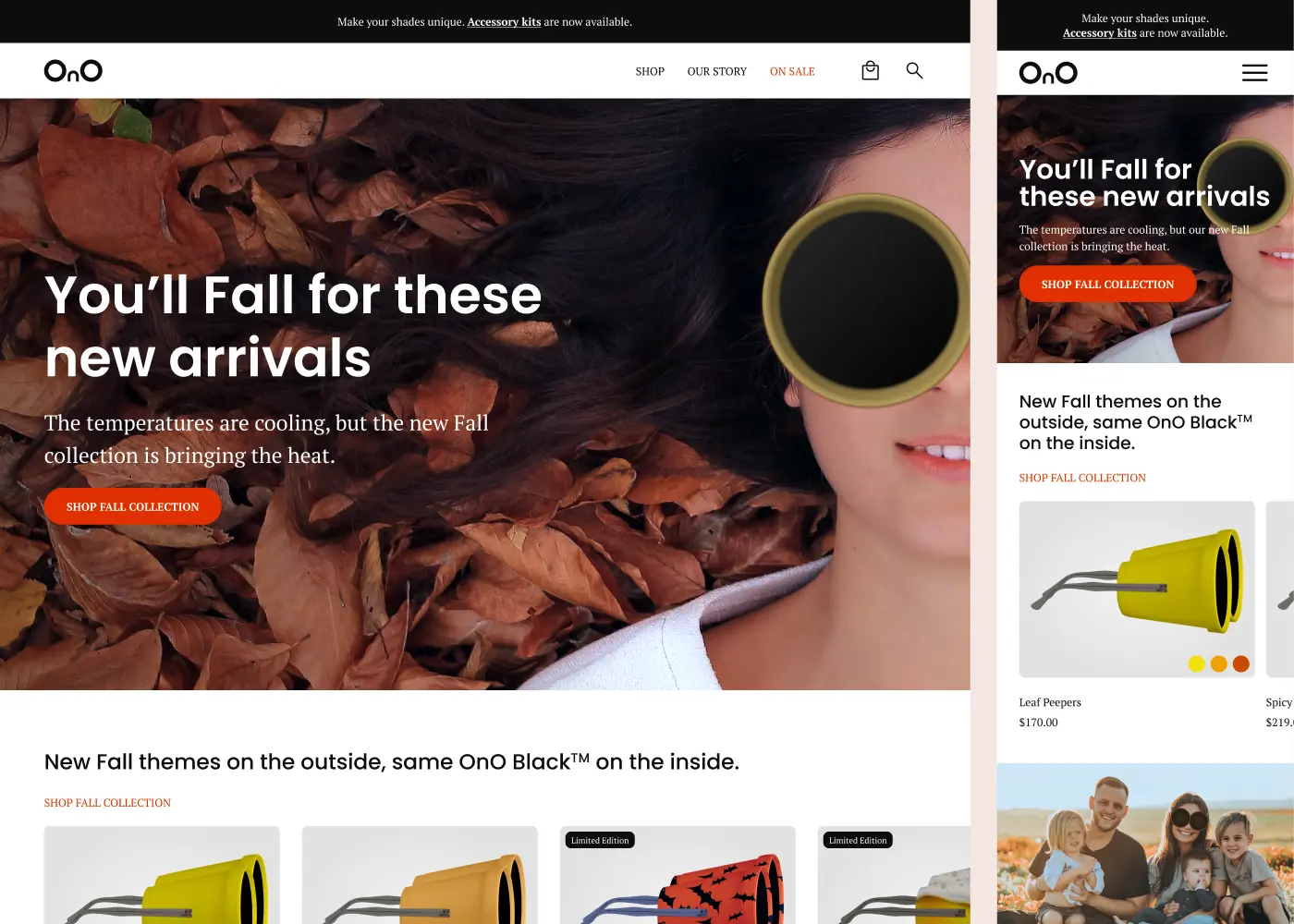 Homepage of OnO Sunshades showing woman wearing product lying in Fall leaves.