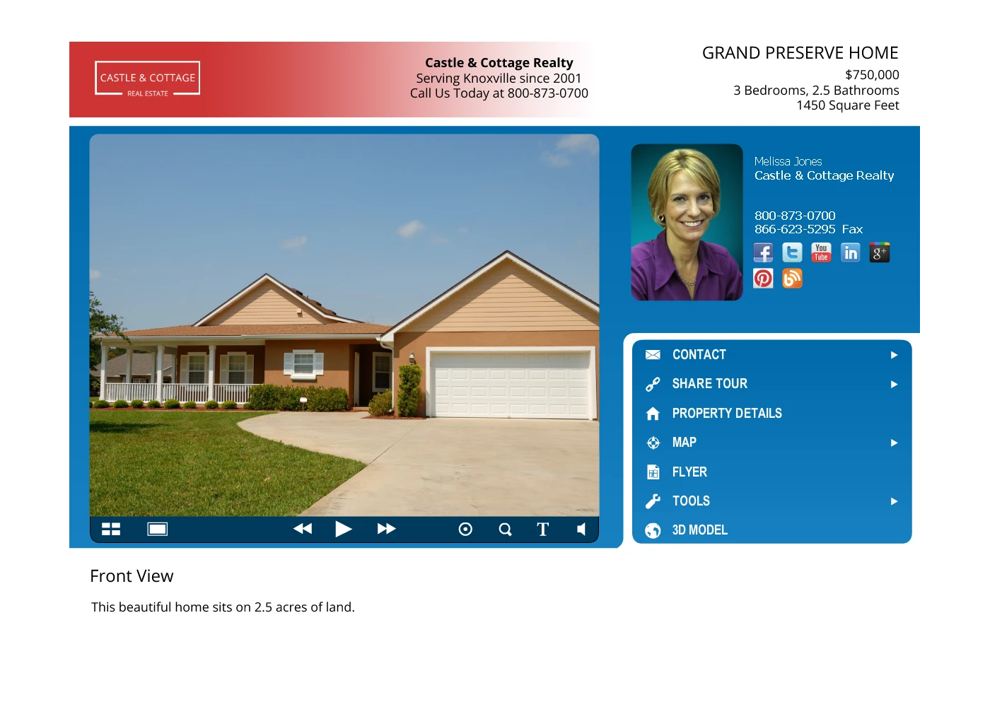 Screenshot of a page showing a home for sale, property details, agent details, and media controls.