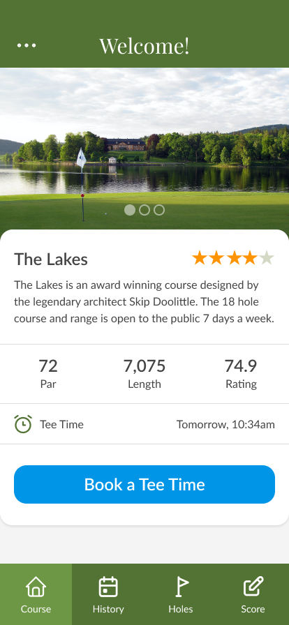 Course page with course photo, overview, and tee time scheduler.