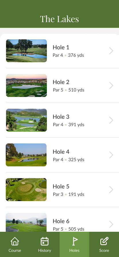 Holes page with a list of individual hole photos and information with option to learn more about each.