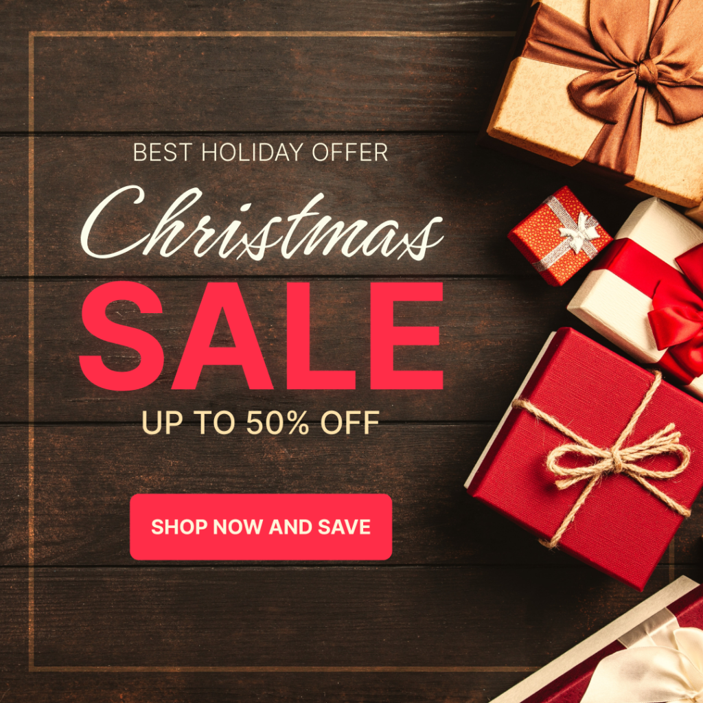 Christmas styled banner ad with gifts on a wooden floor with text offering 50% off shopping.