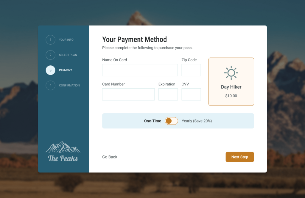 Panel showing credit card form for purchasing.